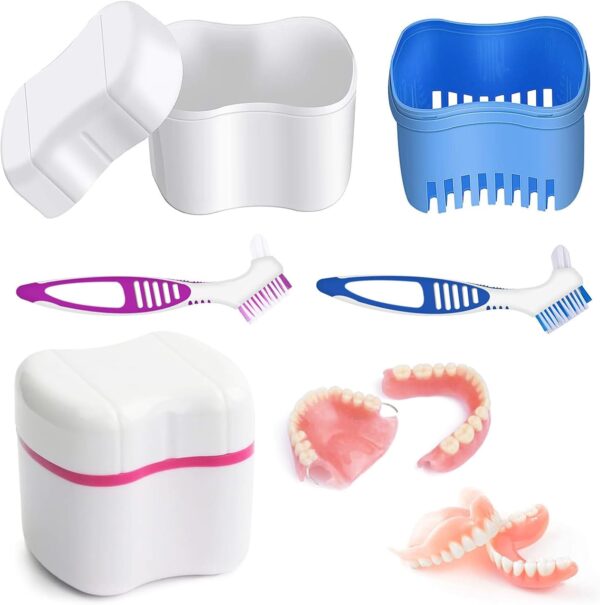2 Recipiente Para Dentaduras Postizas, Dentaduras Postizas Caja De Almacenamiento Kit De Limpieza De Dentaduras Postizas Caja Aparato Dental Con Filtrar, Con 2 Cepillos De Limpieza