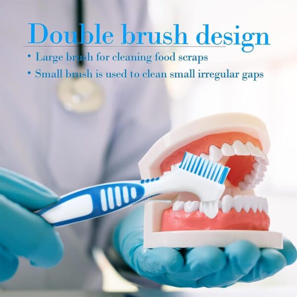 Cepillos portátiles para limpieza de dentaduras postizas con cerdas moderadamente multicapa, cepillo de doble punta para limpiar dientes artificiales, 2 colores - Image 4