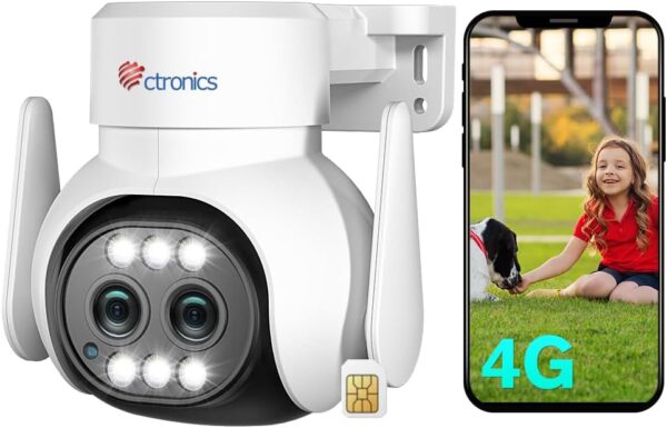 Ctronics 3G/4G LTE Camara Vigilancia con Tarjeta SIM 300M, Doble Lente 6X Zoom Híbrido PTZ IP Cámara, Seguimiento Automático, Zoom Automático, Visión Nocturna en Color, TF & Cloud
