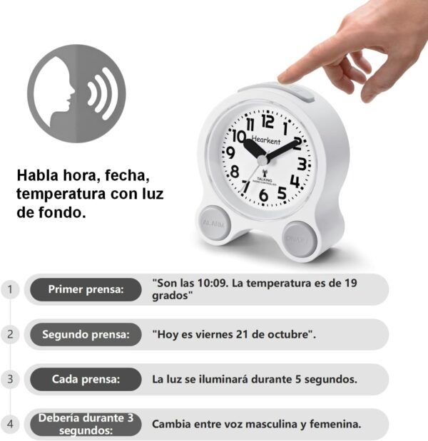 Hearkent Talking con Agradable Voz en español, retroiluminación y 5 alarmas Independientes para Personas ciegas, con discapacidad Visual y Personas Mayores(Negro) - Image 2