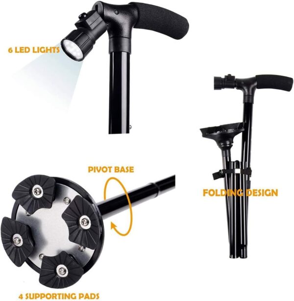 Bastón Plegable con luz LED, Altura Ajustable fiable, Ligero, Plegable, con Mango en T y Base pivotante… - Image 3