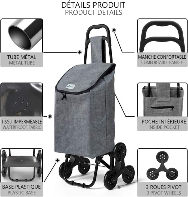 VOUNOT Carro de la Compra con 6 Ruedas para Subir Escaleras, Carrito de la Compra Plegable, Bolsa Impermeable de 32 L, Gris - Image 3