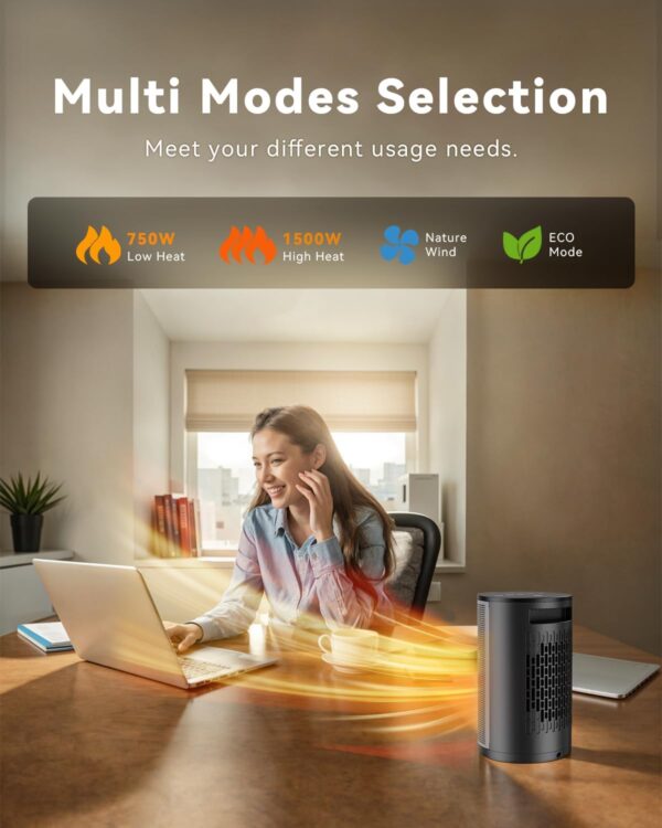 PALINTH Calefactor Cerámico Silencioso Bajo Consumo, Temporizador de 8H, Modo Eco y Ventilador, Calentador Cerámico PTC de 1500W Rápido y Seguro para Oficina Dormitorio Casa - Image 3