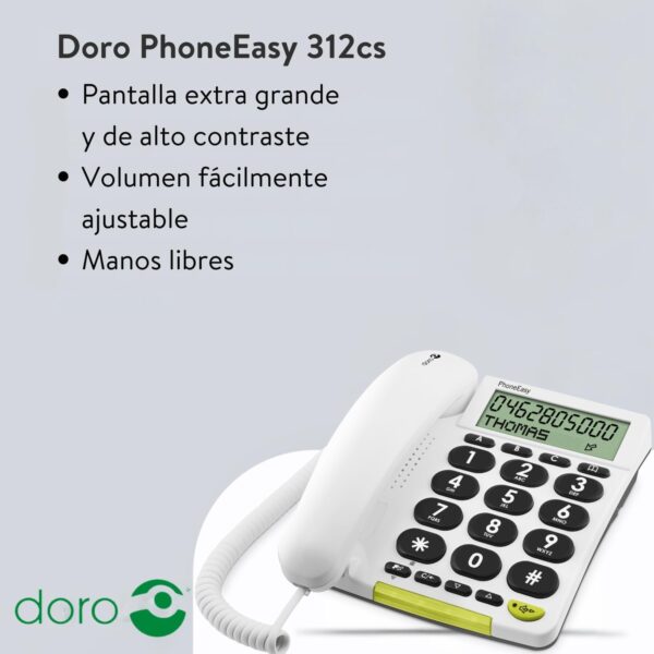 Doro PhoneEasy 312CS - Teléfono fijo digital (pantalla LCD, manos libres, identificador de llamadas), blanco - Image 2