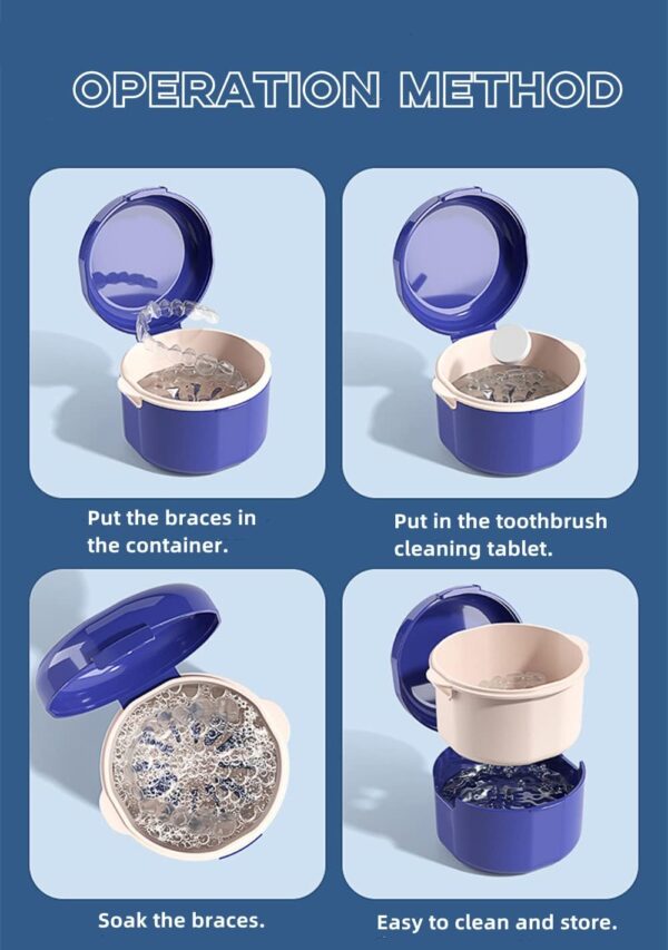 BINQILIN Caja de dentadura portátil para almacenamiento de dientes falsos, caja de limpieza de dentaduras con cesta coladora, caja de baño para almacenar remojo (morado) - Image 3