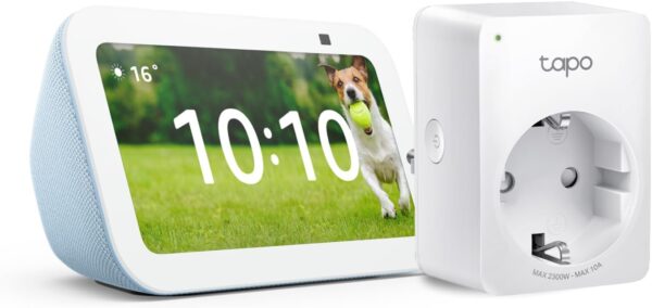 Echo Show 5 (3.ª generación) | Gris azulado + Tapo P100MA - Matter Mini Enchufe Inteligente, compatible con Alexa - Kit de inicio de Hogar digital