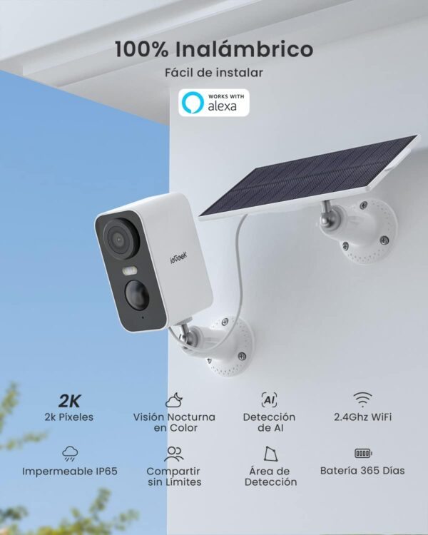 ieGeek Cámara Vigilancia WiFi Exterior Solar, 2K Camaras de Vigilancia sin Cables, Batería Incorporada, Visión Nocturna en Color, Detección de Movimiento Humano PIR, Audio de 2 Vias, Compatible Alexa - Image 2