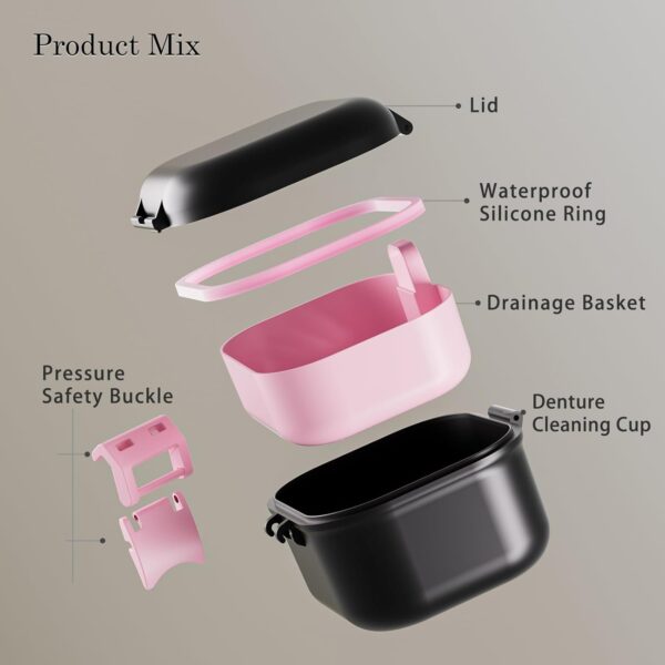 BVN Caja de prótesis a prueba de fugas, caja de dentaduras con colador, caja portátil para prótesis dentales, para todas las edades, dentaduras y aparatos ortopédicos (negro + rosa). - Image 5