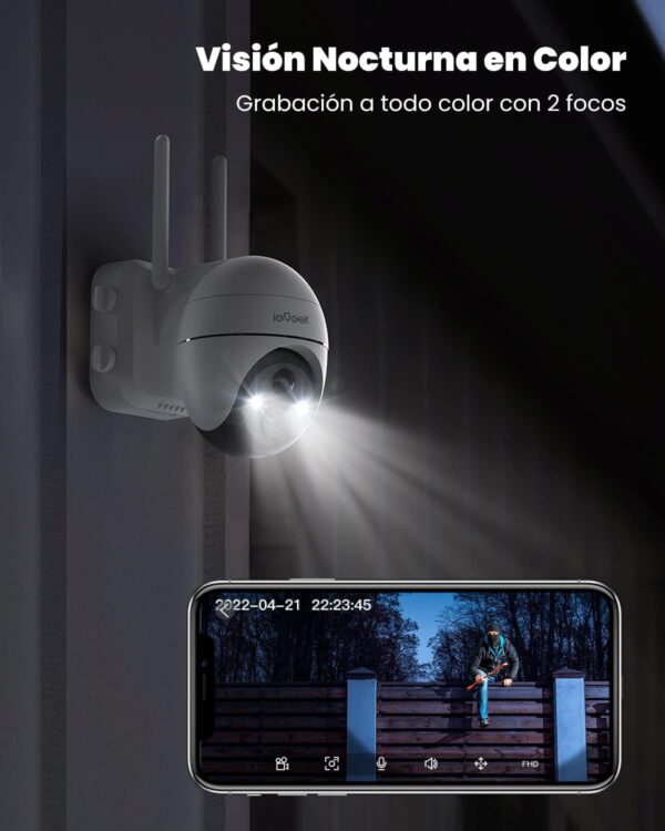 ieGeek 2K 15000mAh Batería Camara Vigilancia WiFi Exterior, Camara de Seguridad Exterior Puede Girar 360 ​​°/ Inclinarse,Detección de Movimiento PIR, Visión Nocturna a Color, Alarma de Luz y Sonido - Image 4