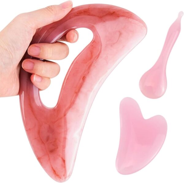 3 Piezas Gua Sha, Masaje Gua Sha Corporal con Mango (Rosa), Guasha Facial, Masajeador Celulitis (Resina), Herramientas Faciales Gua Sha para Masaje de Espalda, Cuello y Piernas