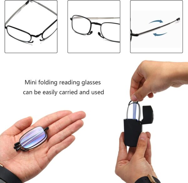 Hubeye Gafas de lectura plegables de metal con bisagras de resorte y patillas telescópicas Anteojos de lectura anti luz azul con estuche de bolsillo portátil 1.50 - Image 3