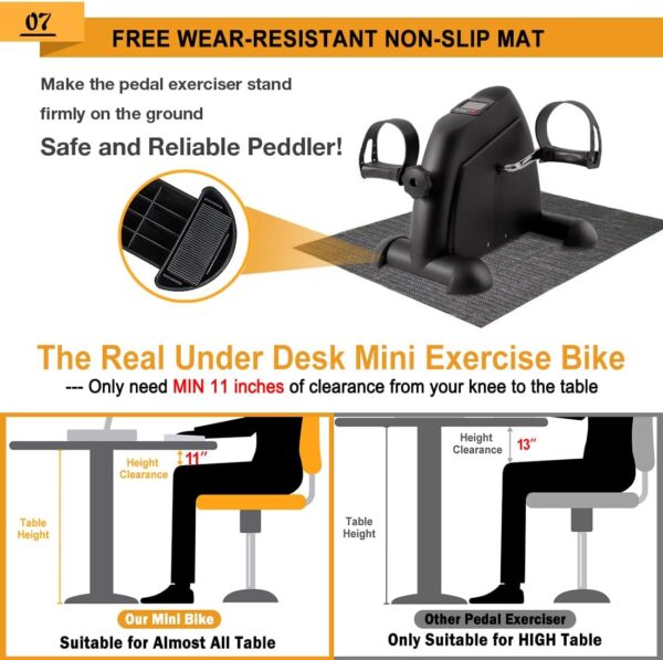 GOREDI Ejercitador de pedal para debajo del escritorio, mini bicicleta estática portátil con pantalla LCD para el hogar/oficina, ciclo de escritorio para pierna/brazo con asa, ejercitador de piernas - Image 7