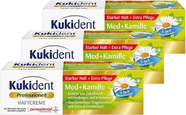 Kukident Crema adhesiva Med+limpiador dental de manzanilla para terceros, paquete de 3 unidades (3 x 40 g)