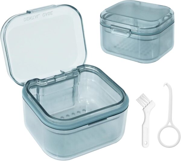 Caja Para Dentadura Postiza Con Cepillo Limpiador, Caja De Ferula Dental, Limpiador Retenedor Dental, Caja Dentadura Ortodoncia, Kit Limpieza De Dentaduras Postizas Para Remojo Limpieza, Azul