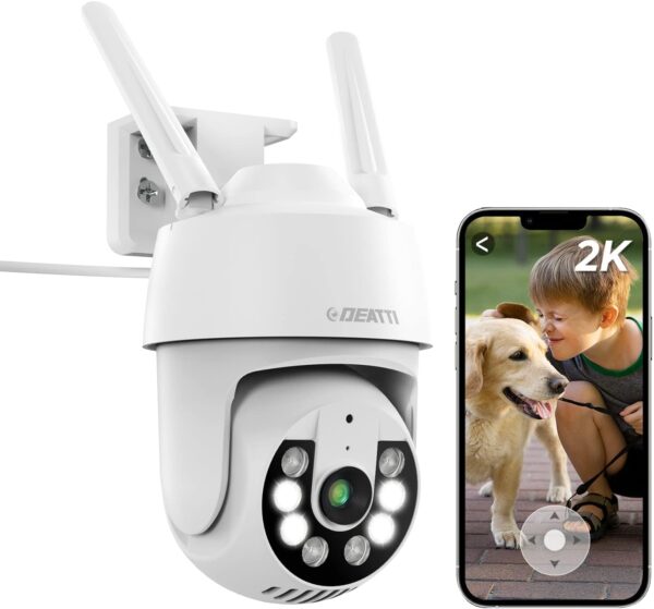 DEATTI Camara de Vigilancia WiFi Exterior, 2K Cámara IP PTZ para Exterior, CloudEdge App, Audio Bidireccional, Detector de Movimiento, Visión Nocturna, IP66, Soporta Tarjeta SD de 128G (No Incluido)