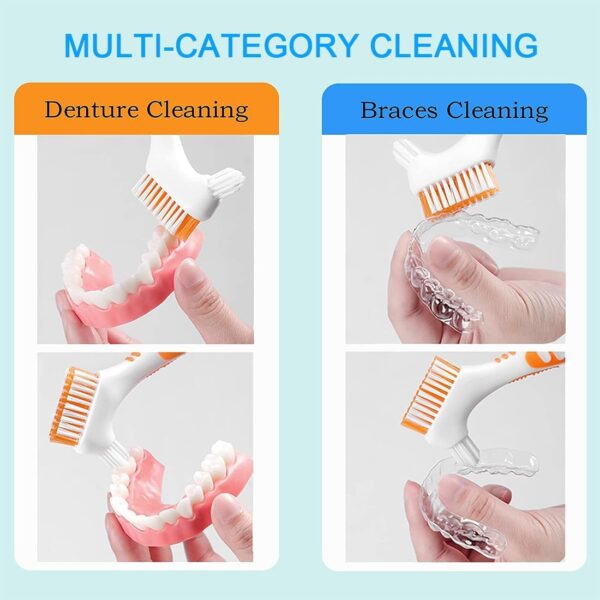 Cepillos portátiles para limpieza de dentaduras postizas con cerdas moderadamente multicapa, cepillo de doble punta para limpiar dientes artificiales, 2 colores - Image 3