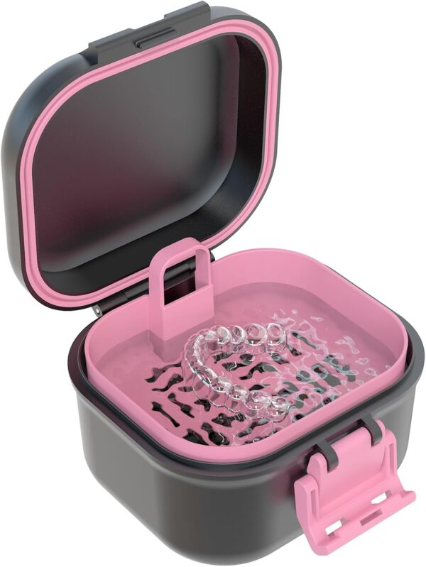 BVN Caja de prótesis a prueba de fugas, caja de dentaduras con colador, caja portátil para prótesis dentales, para todas las edades, dentaduras y aparatos ortopédicos (negro + rosa).
