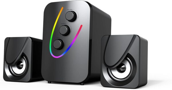 NK Altavoz Gaming x 2 Altavoces de 5W con 7 Colores LED Diferentes, Control Incluido con botón de Volumen, Agudos y Graves, Entrada Cable Jack 3,5 mm, Rango frecuencia 60Hz-20Hz