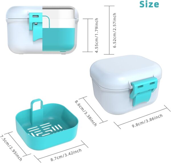 ARGOMAX Caja de prótesis a prueba de fugas, caja portátil para prótesis dentales, caja de dentaduras con colador, para prótesis dentales y aparatos ortopédicos (blanco + cian). - Image 3