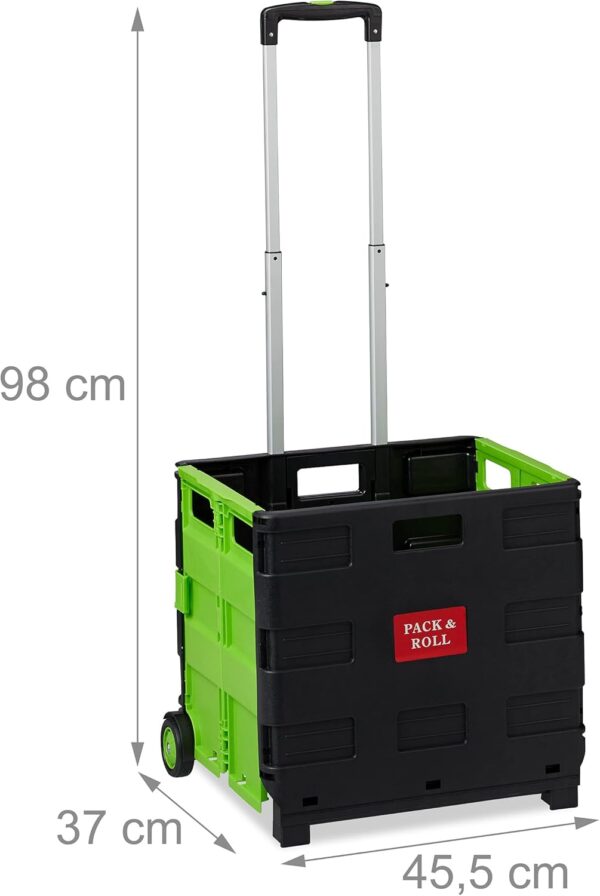 relaxdays Carrito Compra Plegable, Asa Telescópica, 2 Ruedas, Caja Transporte, hasta 35 kg, Plástico y Aluminio, Verde, Caucho, 98 x 45,5 x 37 cm - Image 4