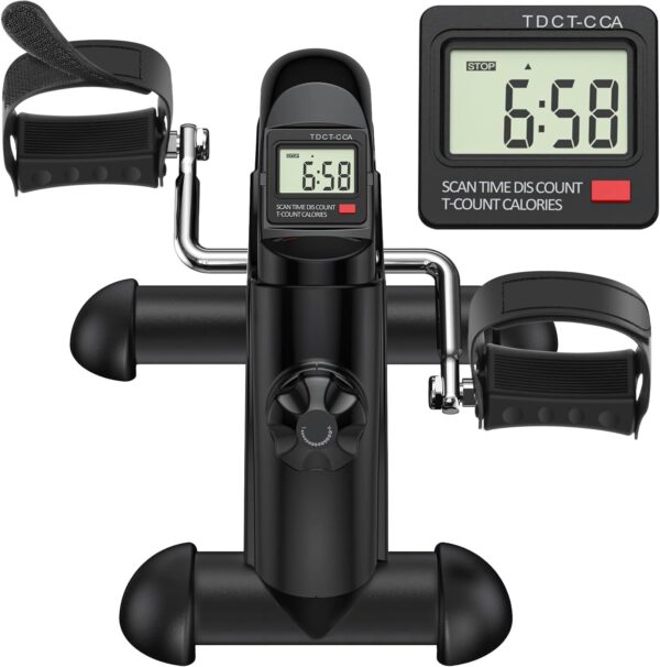 GOREDI Ejercitador de pedal para debajo del escritorio, mini bicicleta estática portátil con pantalla LCD para el hogar/oficina, ciclo de escritorio para pierna/brazo con asa, ejercitador de piernas