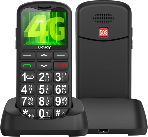 uleway 4G Teléfono Móvil para Personas Mayores, Senior Moviles de Teclas Grandes con Base de Carga, Botón SOS, USB-C, Llamada Rápida, Fácil de Usar Celular para Ancianos, Sistema Sencillo (Negro) - Image 2