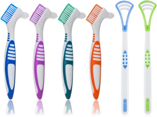 Cepillo de Limpieza de Dentadura, Cepillo para Dentaduras Postizas, Cerdas de Varias Capas, Cepillo Dientes para Cuidado Dentaduras Postizas (Morado + Naranja + Verde + Azul, 6 Piezas)