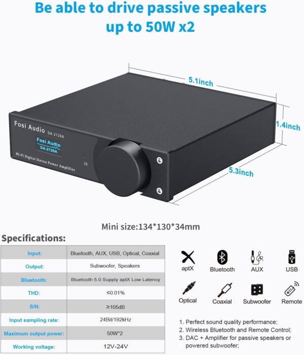 Fosi Audio DA2120A Audio Amplificador Bluetooth 5.0 Receptor estéreo 2.1 CH, Mini Compact Clase D integrado Hi-Fi DAC Amplificador para 50W x2 Altavoces y subwoofer activo con control remoto - Image 4