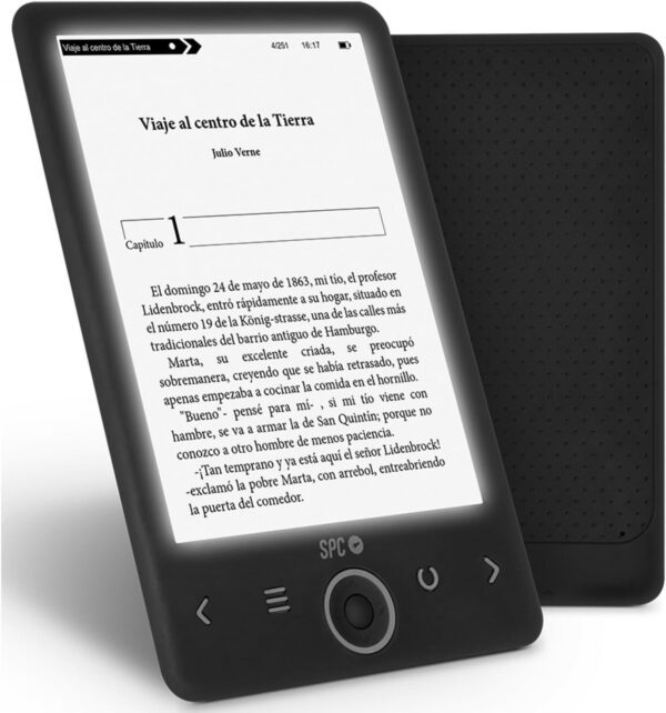 SPC Dickens Light 2 - Libro electrónico con Pantalla retroiluminada y luz con 6 Niveles de Intensidad, Teclas Frontales, posición Vertical y Horizontal, 1 Mes de autonomía, Ligero y Fino, Color Negro