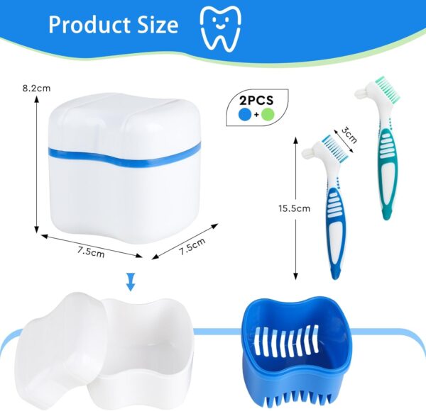 SUPAWAY 2 Estuche para dentadura Funda de dentadura Caja de dentaduras postizas con colador Caja para ortodoncia Caja de dentadura para almacena con 2 Cepillo de limpieza de dentadura Azul+Verde - Image 2