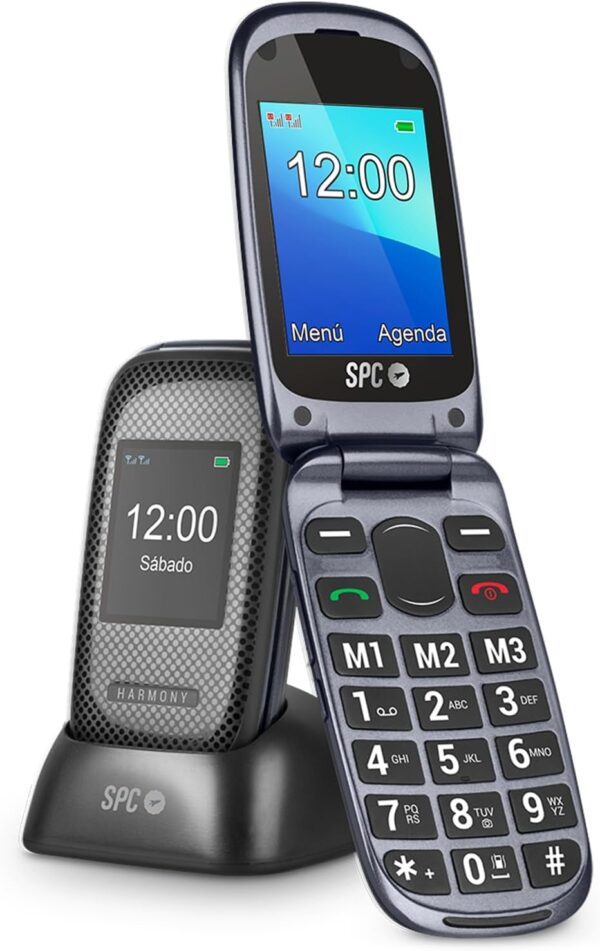 SPC Harmony - Teléfono móvil para Personas Mayores, móviles con Tapa, Teclas Grandes, Volumen Alto 96dB, Compatible con audífonos, contactos con Imagen, botón SOS, Doble Pantalla (2,4”+1,77”) - Negro