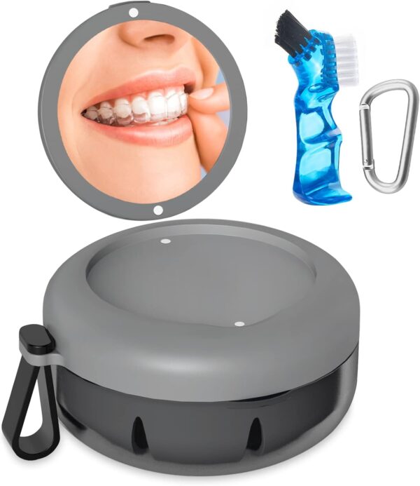 Caja de baño para dentaduras postizas, estuche de retención para aparatos ortopédicos, caja de retención portátil a prueba de fugas, kit de limpieza de dentaduras postizas con mosquetón de cepillo