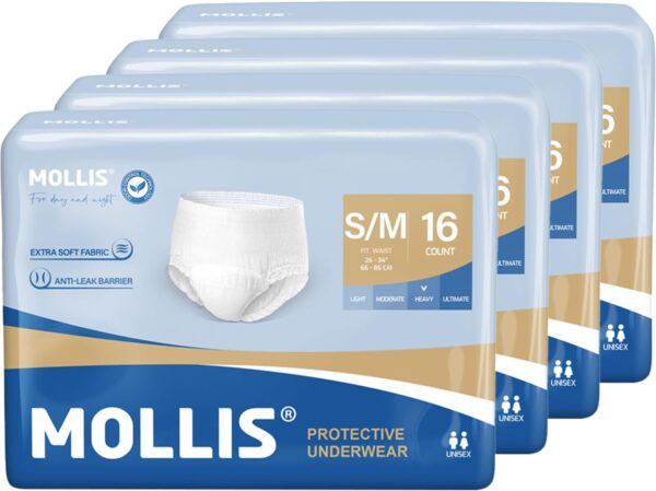 MOLLIS Pantalones Incontinencia para Adultos, Bragas Absorbentes para Hombres y Mujeres, Protección contra las fugas durante toda la noche, Control de Olores, Talla S/M, 64 Unidades