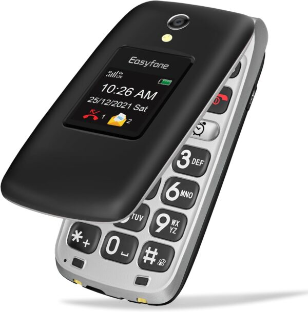 Easyfone Prime-A1 Pro 4G gsm Teléfono Móvil para Mayores con Tapa y Teclas Grandes, Telefono Fácil de Usar para Ancianos con Botón SOS y Base de Carga (Negro)