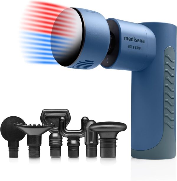 medisana MG 600 Pistola de Masaje, Dispositivo de Masaje Eléctrico, Recuperación y Relajación Muscular, Función de Calor y Frío, Incluye 7 Accesorios de Masaje y 3 Niveles de Vibración