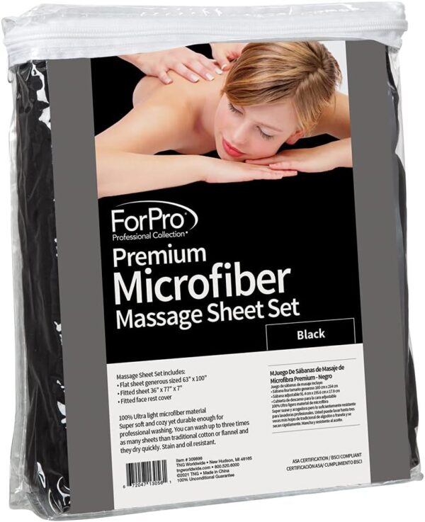 ForPro - Juego de sábanas de Masaje de Microfibra 3 Piezas para mesas de Masaje, Incluye sábana encimera, sábana Bajera Ajustable y Funda Ajustable para reposabrazos, Color Negro - Image 3