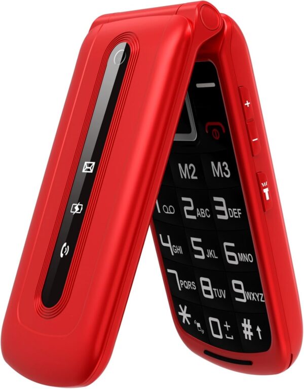 uleway Teléfono Móvil con Tapa para Mayores, Senior Móvil de Teclas Grandes, Pantalla de 2,4 Pulgadas, Botón SOS, Linterna, Cámara, Cuna de Carga, Fácil de Usar para Ancianos (Rojo)