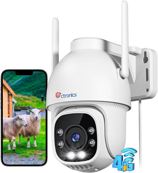 Ctronics 3G/4G LTE Camara Vigilancia Exterior con Tarjeta SIM, 360° PTZ Cámara IP Sin WiFi, Detección Humana, Seguimiento Automático, 30M Visión Nocturna Color, Audio Bidireccional, IP66, Blanco