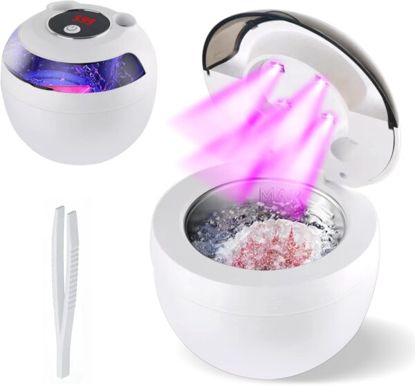 Binlingdaily Máquina limpiadora ultrasónica de retención de 45 kHz, limpiador de dentaduras postizas de 200 ml, 4 modos con temporizador digital, limpiador bucal para alineador, protector nocturno,