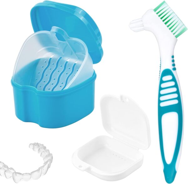Cozlly Caja Almacenamiento de Dentaduras, Caja de Baño para Dentadura, Contenedor de Dentaduras con Cesta de Drenaje y Cepillar Limpieza, Cajas para Ortodoncia, Caja de Limpieza de Dentadura Postiza