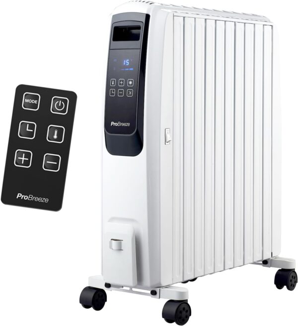 Pro Breeze Radiador de Aceite de 2500 W, 4 Niveles de Potencia, Temporizador, Termostato, Portátil con Ruedas, Calentador Eléctrico de 10 Aletas, Pantalla Digital y Mando a Distancia