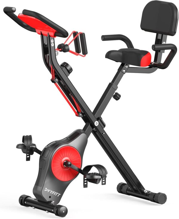 PLENY Bicicleta estática plegable con bandas de resistencia, 16 niveles de resistencia y soporte para teléfono/tableta