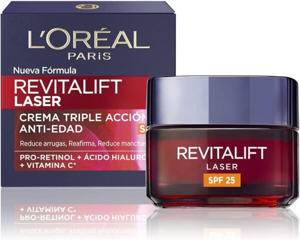 L'Oréal Paris Revitalift Láser Crema de Día Anti-Edad Triple Acción, Protección Solar SPF 25, 50 ml