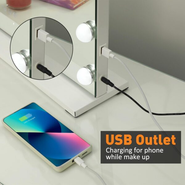 iCREAT Espejo de Maquillaje Hollywood con Luces, 3 Modos de Color, Espejo de Mesa sin Marco con Control Táctil Inteligente, 15 Bombillas Regulables, Salida USB, 58X46 cm, Blanco - Image 4