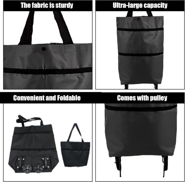 Carro de la compra plegable con ruedas y soporte para ruedas, carrito de compras ligero de tela Oxford, carrito de compras portátil, bolsa de almacenamiento de gran capacidad (negro) - Image 3