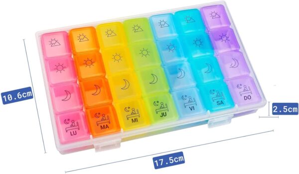 Pastillero Semanal de 4 Tomas Diarias en español, Cerrado Herméticamente Organizador Medicamentos 28 Compartimentos Certificado Alimentario Para La Memoria, Dosificador Pastillas, Viaje - Image 3