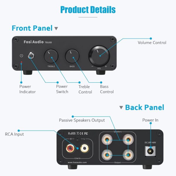 Fosi Audio TB10D 600 vatios TPA3255 Mini amplificador de potencia HiFi estéreo Clase D Amp Receptor de audio digital integrado de 2 canales para altavoces pasivos con control de agudos y graves - Image 3