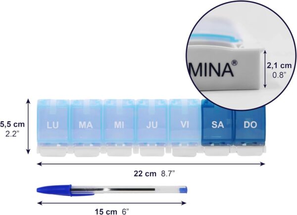 KMINA - Pastillero Semanal 1 Toma Español (Grande), Organizador Pastillas Semanal, Pastillero 1 Toma Diaria Portátil, Clasificador de Medicamentos, Pastillero Diario 1 Toma, Organizador Comprimidos - Image 2