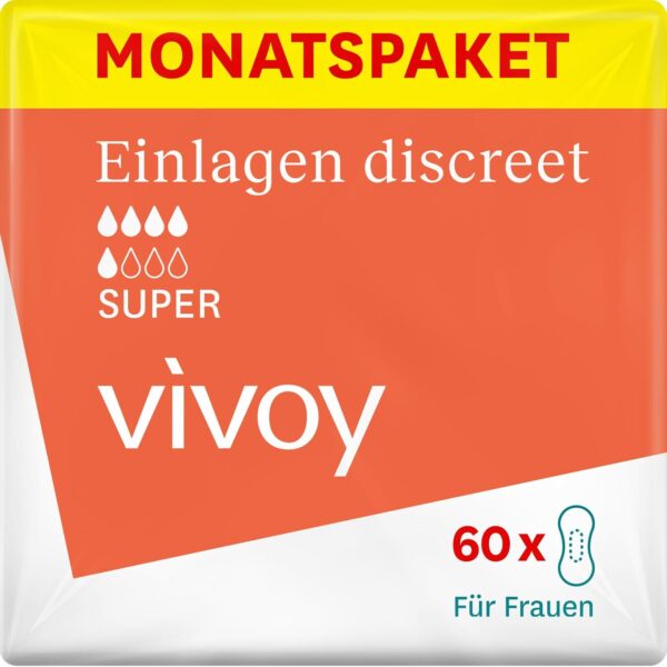 Vivoy Discreet Super – 60 compresas en paquete mensual (6 x 10 unidades) – para incontinencia e incontinencia moderada – compresas higiénicas para mujeres empaquetadas individualmente