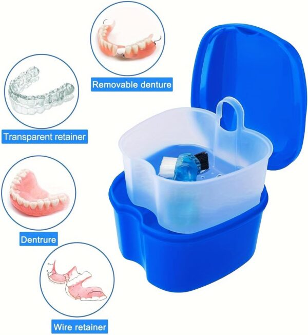 Kit de limpieza para prótesis, prótesis, caja de vaso, recipiente para prótesis de baño con colador colgante prótesis para almacenamiento de viaje (azul oscuro+azul) - Image 3
